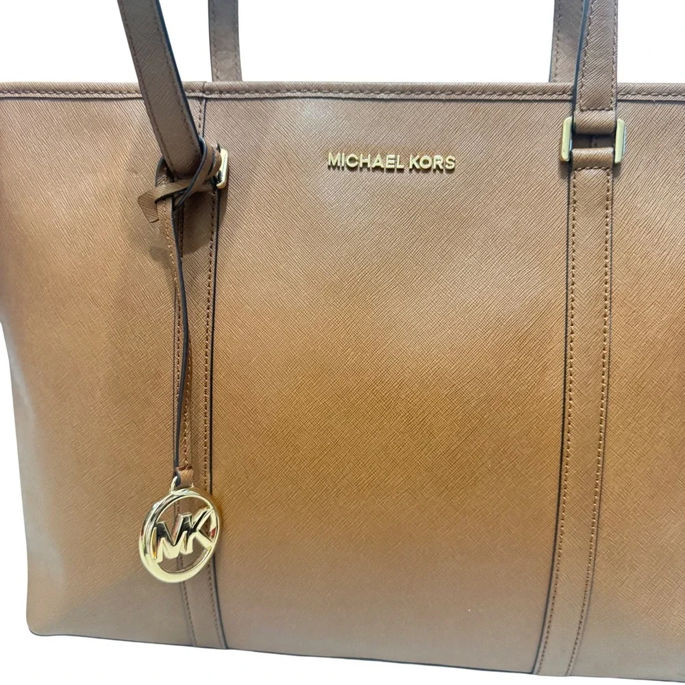 Michael‎ Kors Saffiano Leather Tote Bag Womens Large Luggage Brown Zip